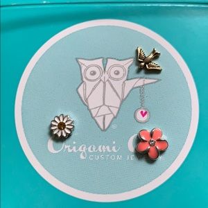 Origami Owl flower, bird charm lot, EUC